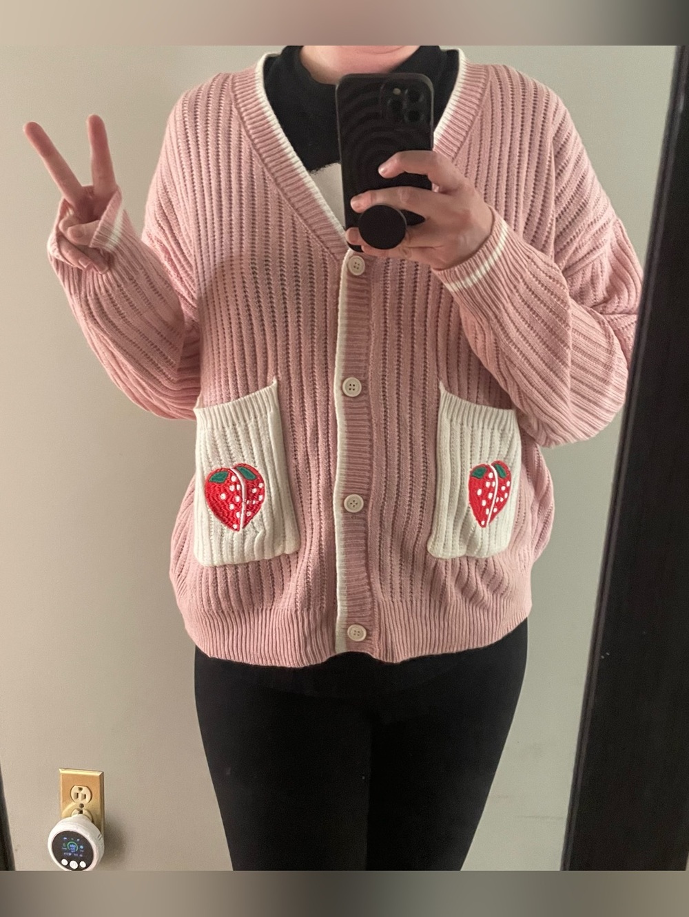 Pink Button down Sweater Cardigan with Strawberry Pocket Detail